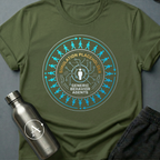 Background Cast sci-fi t-shirt — NPC figures walking a clean loop around a single rendered character — Military Green unisex tee — Apsion Outpost