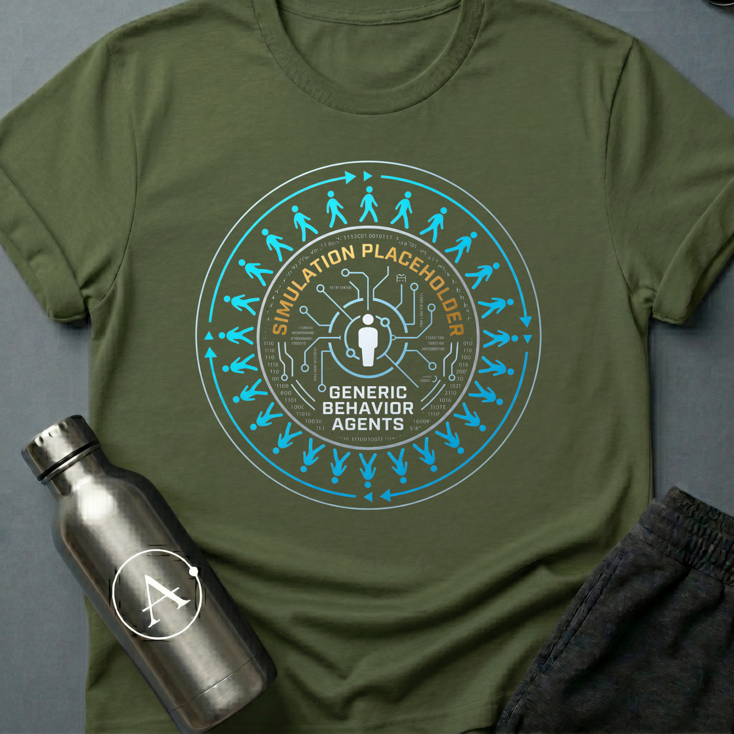 Background Cast sci-fi t-shirt — NPC figures walking a clean loop around a single rendered character — Military Green unisex tee — Apsion Outpost