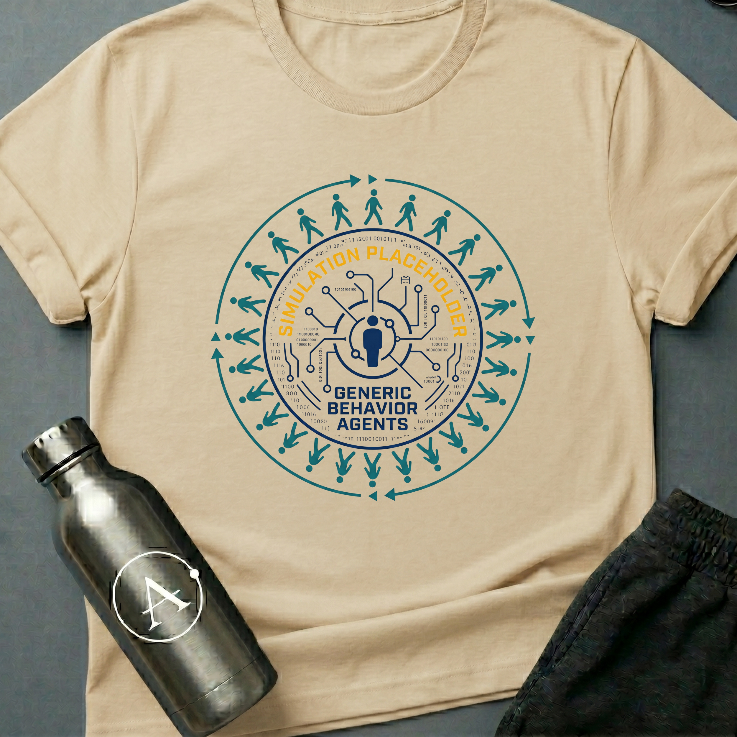Background Cast sci-fi t-shirt — NPC figures walking a clean loop around a single rendered character — Natural unisex tee — Apsion Outpost
