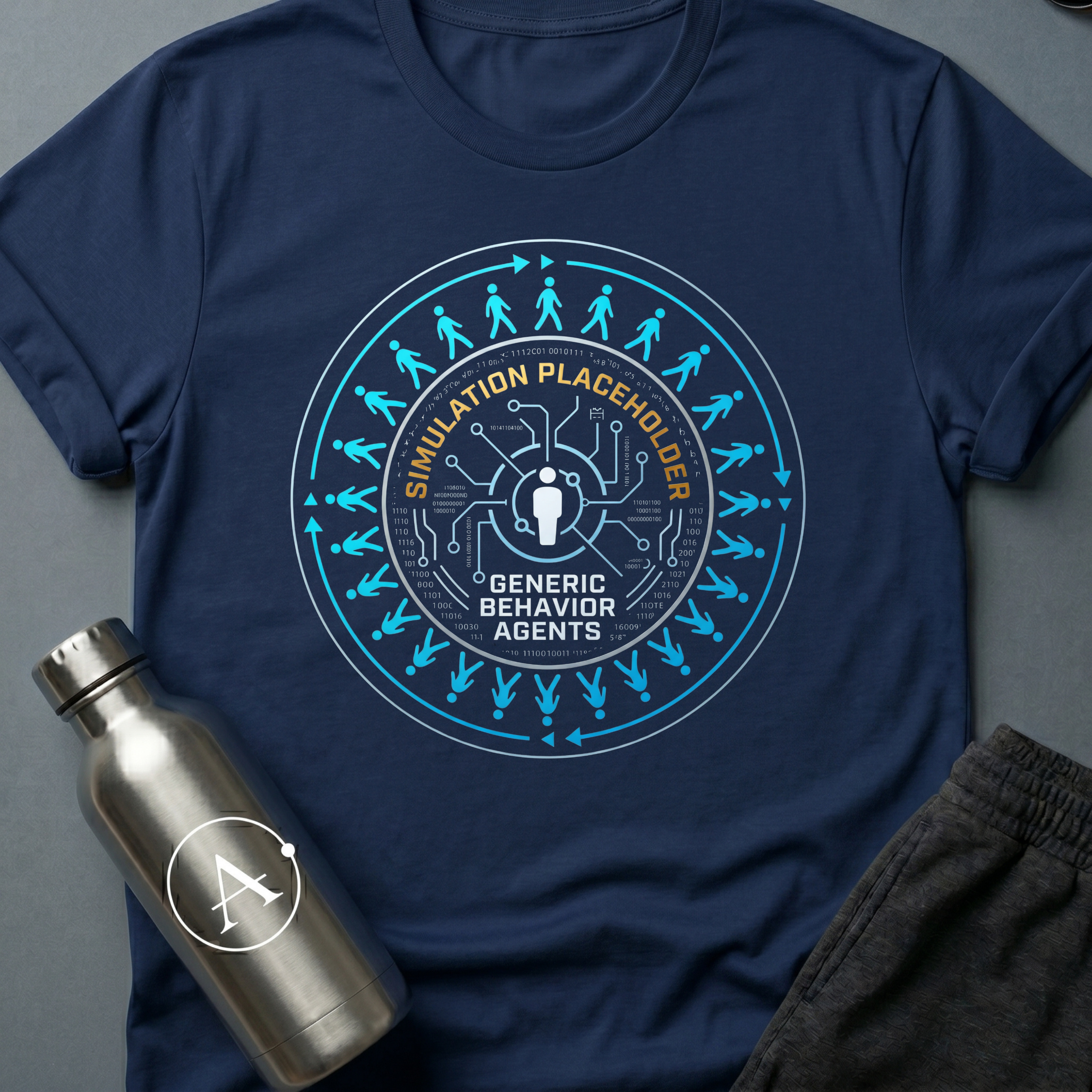 Background Cast sci-fi t-shirt — NPC figures walking a clean loop around a single rendered character — Navy unisex tee — Apsion Outpost