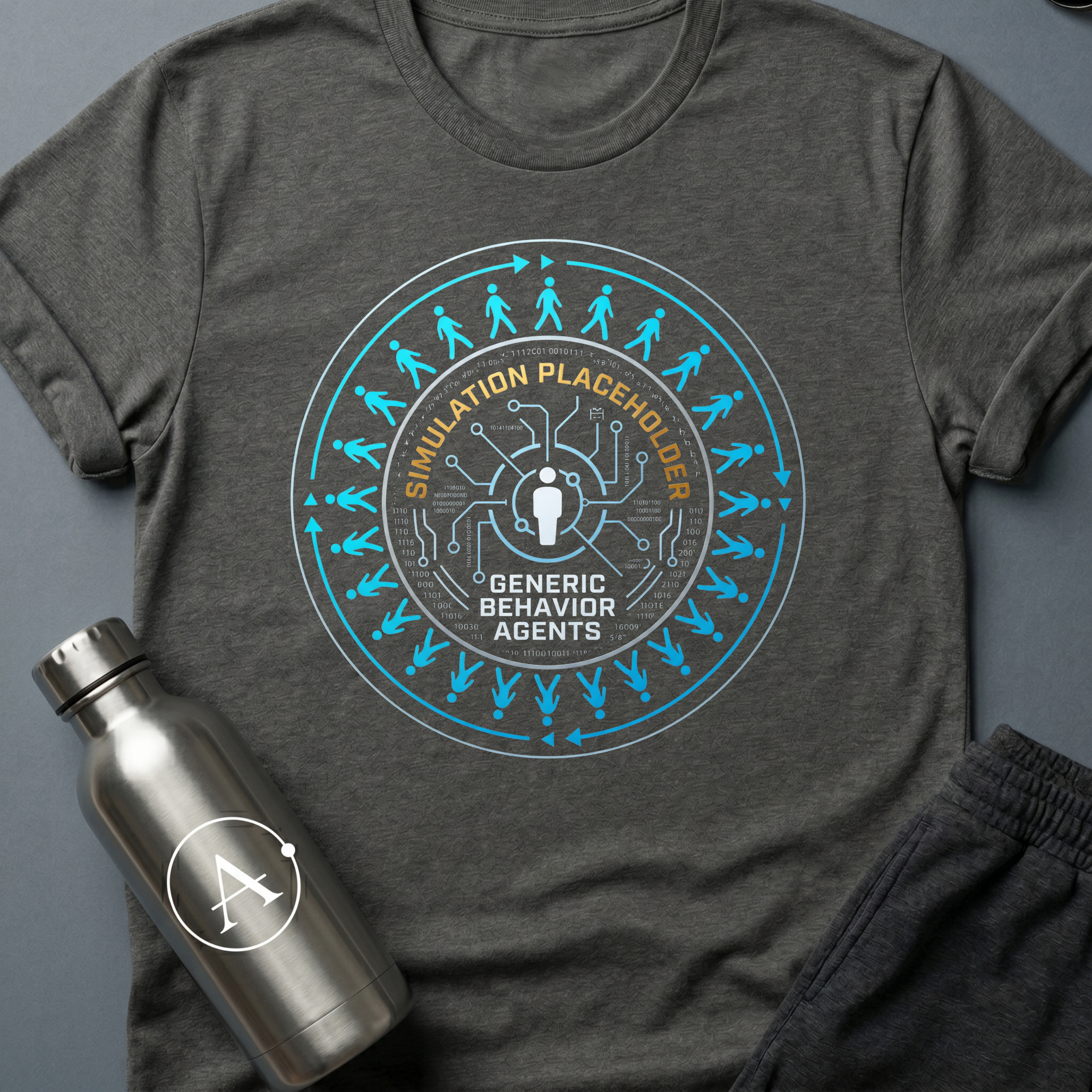 Background Cast sci-fi t-shirt — NPC figures walking a clean loop around a single rendered character — Dark Heather unisex tee — Apsion Outpost