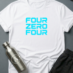 Address Unknown sci-fi t-shirt — the words four zero four in neon blocky letters — a 404 page made wearable — White unisex tee — Apsion Outpost