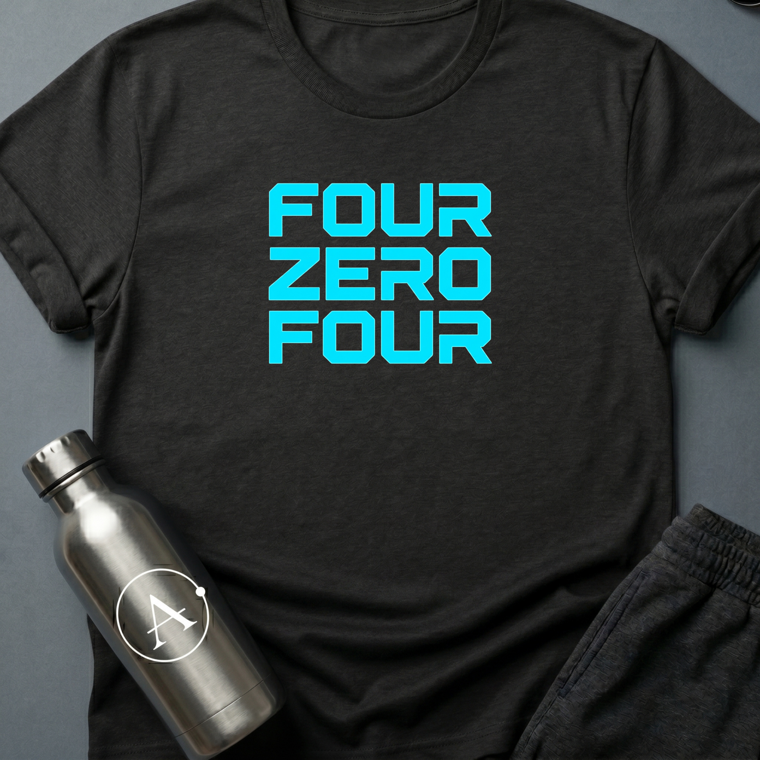 Address Unknown sci-fi t-shirt — the words four zero four in neon blocky letters — a 404 page made wearable — Black unisex tee — Apsion Outpost