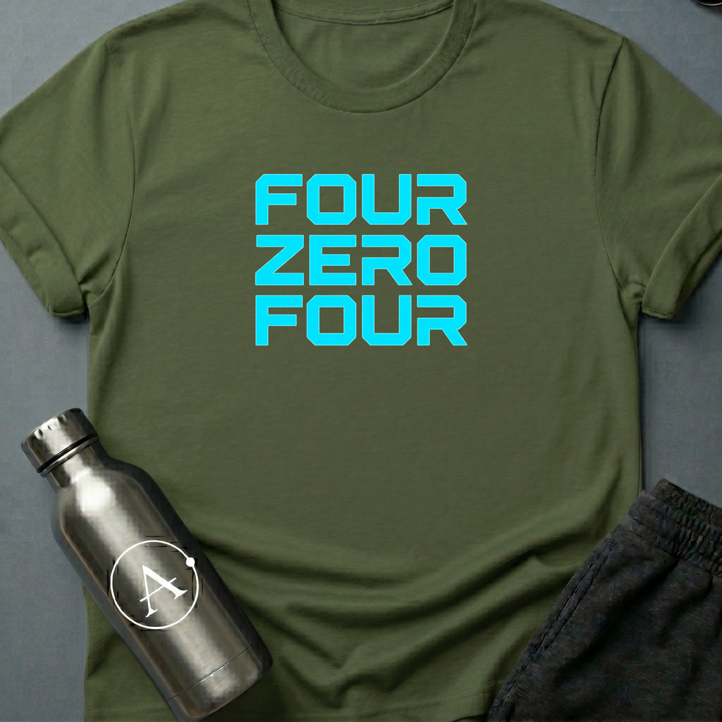 Address Unknown sci-fi t-shirt — the words four zero four in neon blocky letters — a 404 page made wearable — Military Green unisex tee — Apsion Outpost