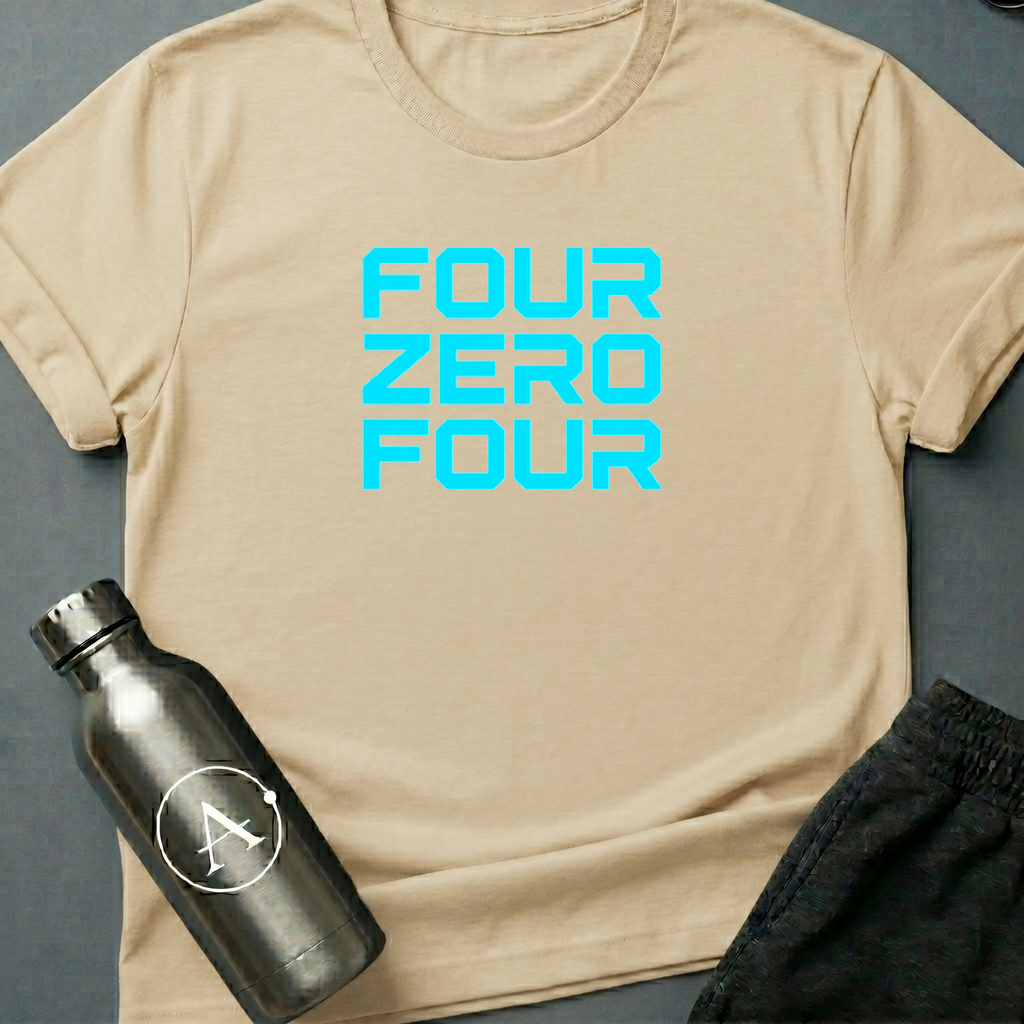 Address Unknown sci-fi t-shirt — the words four zero four in neon blocky letters — a 404 page made wearable — Natural unisex tee — Apsion Outpost