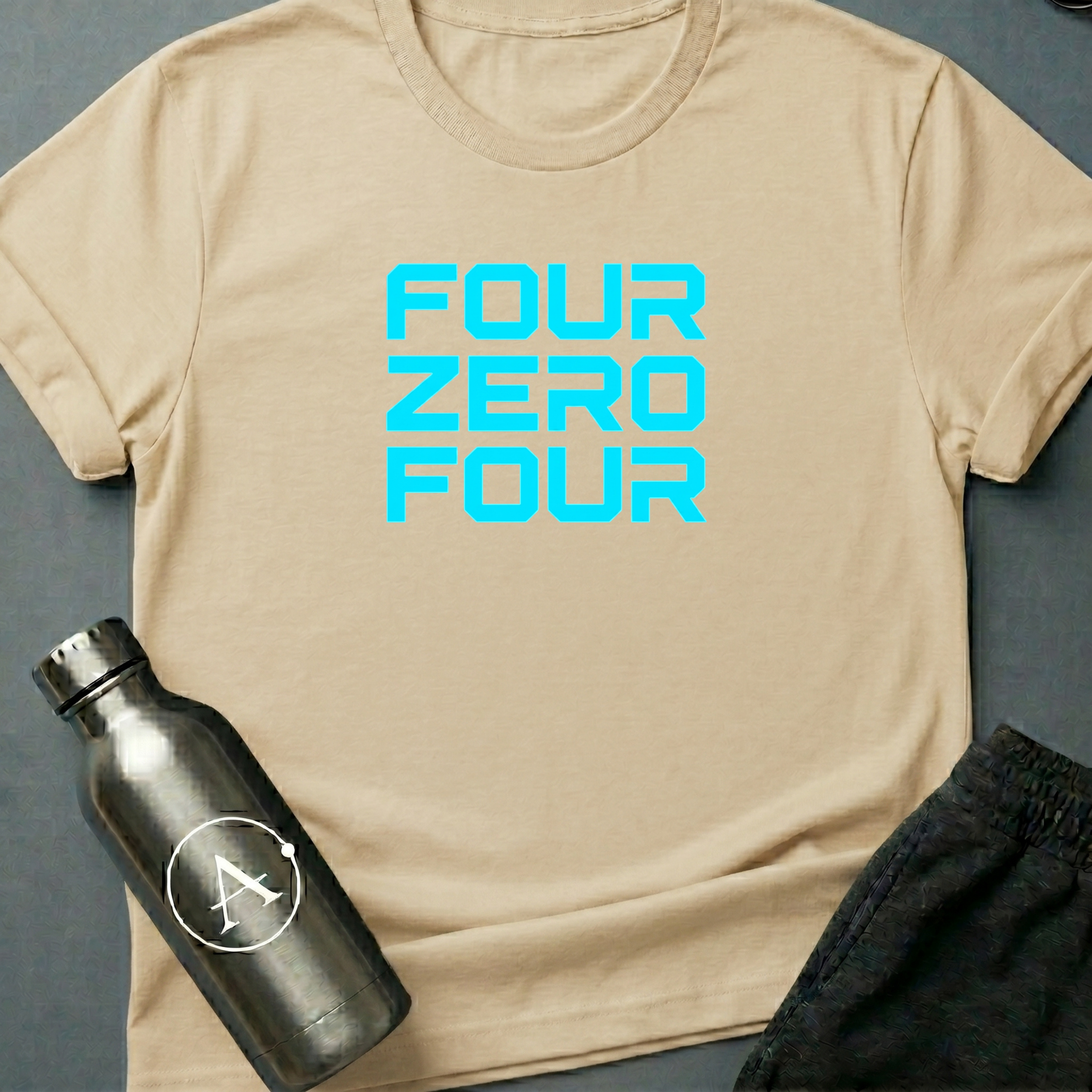 Address Unknown sci-fi t-shirt — the words four zero four in neon blocky letters — a 404 page made wearable — Natural unisex tee — Apsion Outpost