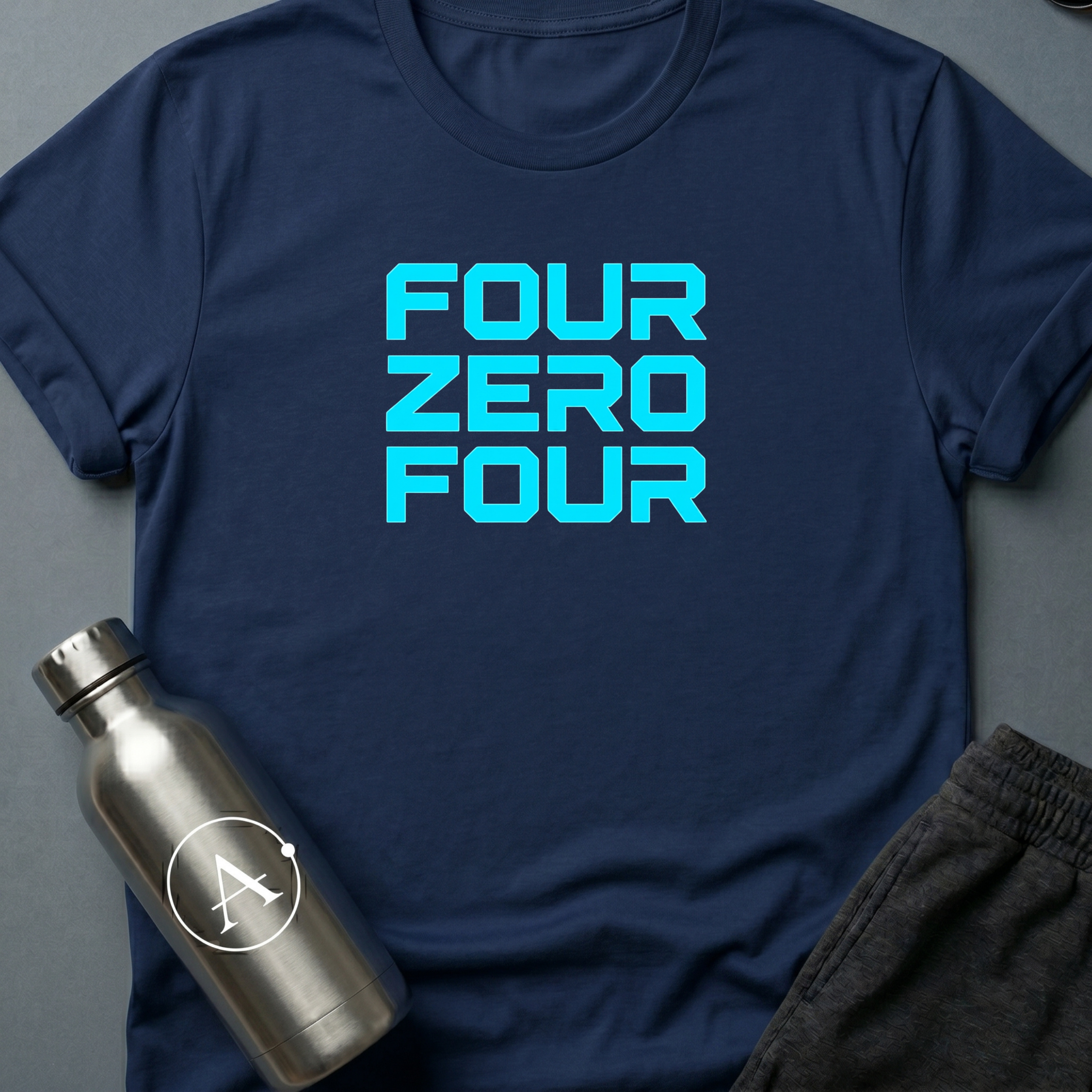 Address Unknown sci-fi t-shirt — the words four zero four in neon blocky letters — a 404 page made wearable — Navy unisex tee — Apsion Outpost