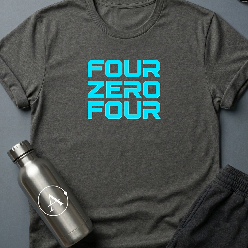 Address Unknown sci-fi t-shirt — the words four zero four in neon blocky letters — a 404 page made wearable — Dark Heather unisex tee — Apsion Outpost