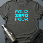 Address Unknown sci-fi t-shirt — the words four zero four in neon blocky letters — a 404 page made wearable — Dark Heather unisex tee — Apsion Outpost