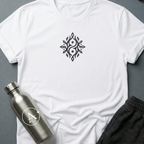 Twin Flames sci-fi t-shirt — two mirrored figures intertwined with branching flames — one shape that turns out to be two — White unisex tee — Apsion Outpost