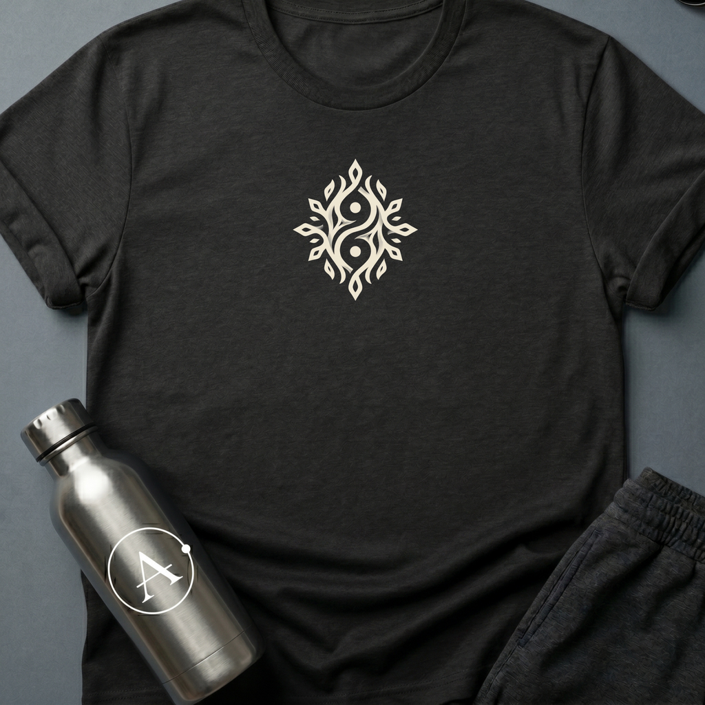 Twin Flames sci-fi t-shirt — two mirrored figures intertwined with branching flames — one shape that turns out to be two — Black unisex tee — Apsion Outpost