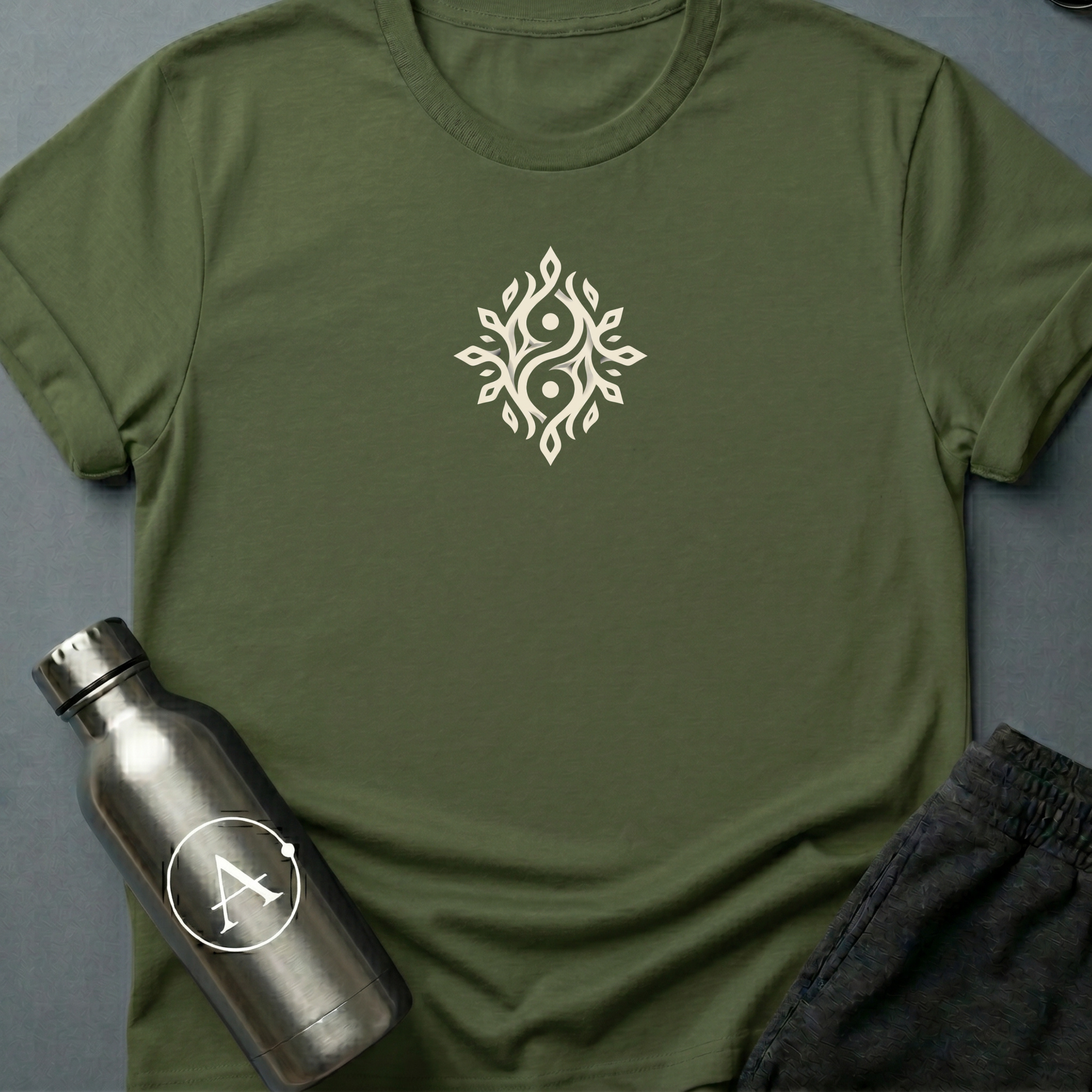 Twin Flames sci-fi t-shirt — two mirrored figures intertwined with branching flames — one shape that turns out to be two — Military Green unisex tee — Apsion Outpost