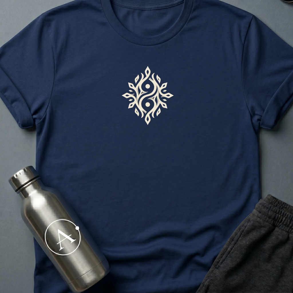 Twin Flames sci-fi t-shirt — two mirrored figures intertwined with branching flames — one shape that turns out to be two — Navy unisex tee — Apsion Outpost