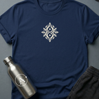 Twin Flames sci-fi t-shirt — two mirrored figures intertwined with branching flames — one shape that turns out to be two — Navy unisex tee — Apsion Outpost