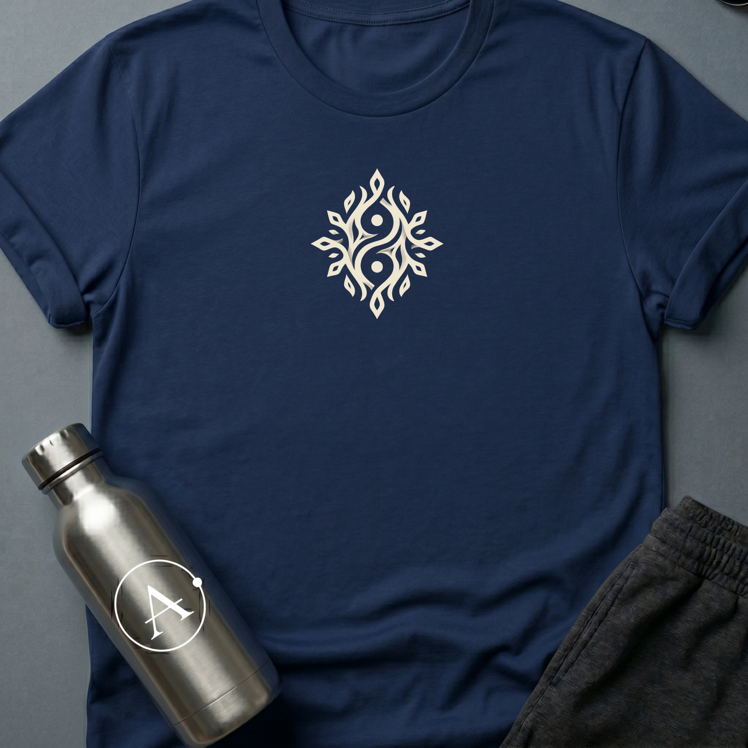 Twin Flames sci-fi t-shirt — two mirrored figures intertwined with branching flames — one shape that turns out to be two — Navy unisex tee — Apsion Outpost