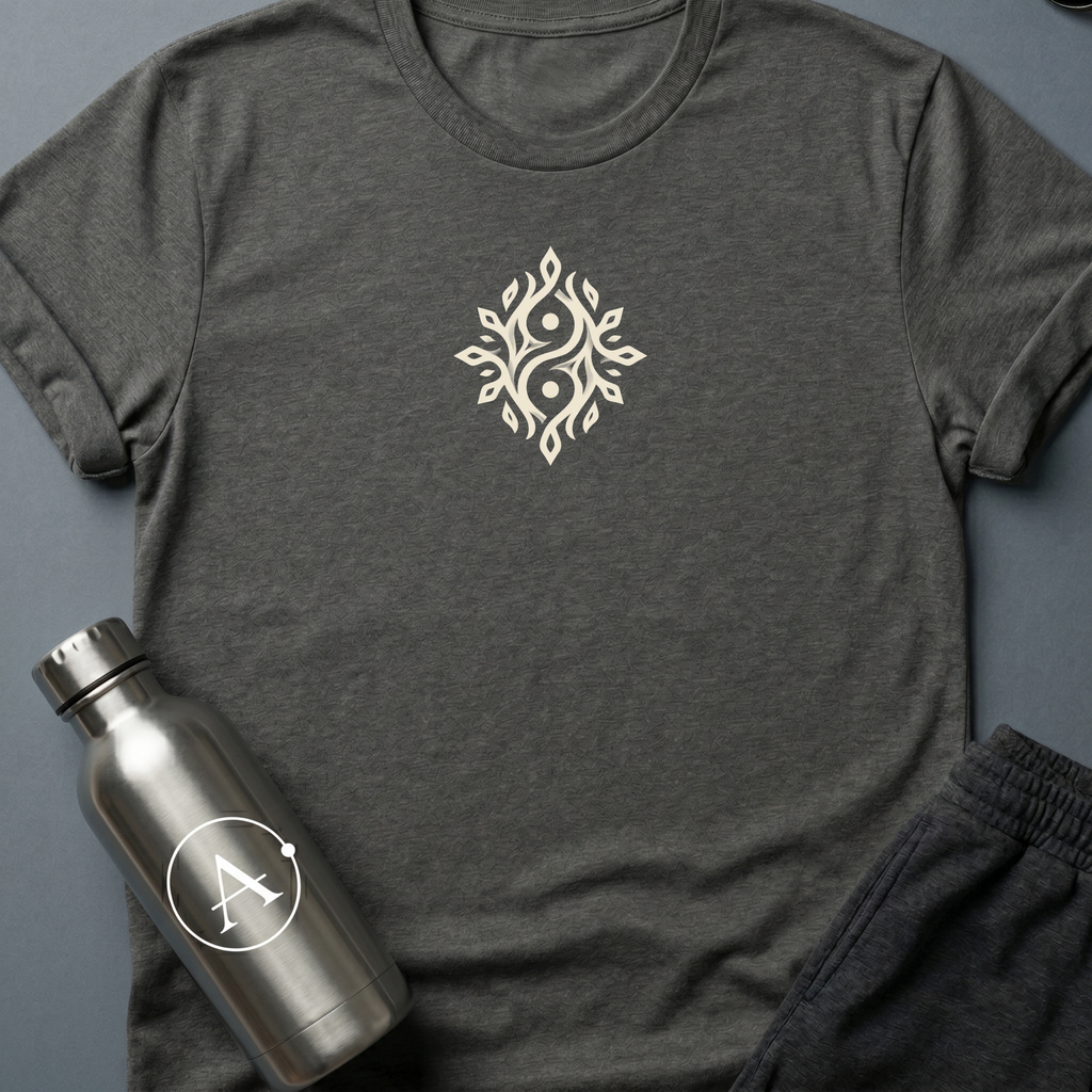Twin Flames sci-fi t-shirt — two mirrored figures intertwined with branching flames — one shape that turns out to be two — Dark Heather unisex tee — Apsion Outpost