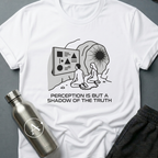 Shadow Watchers sci-fi t-shirt — two chained figures in a cave watching shapes on a wall while a bright sun shines outside — White unisex tee — Apsion Outpost