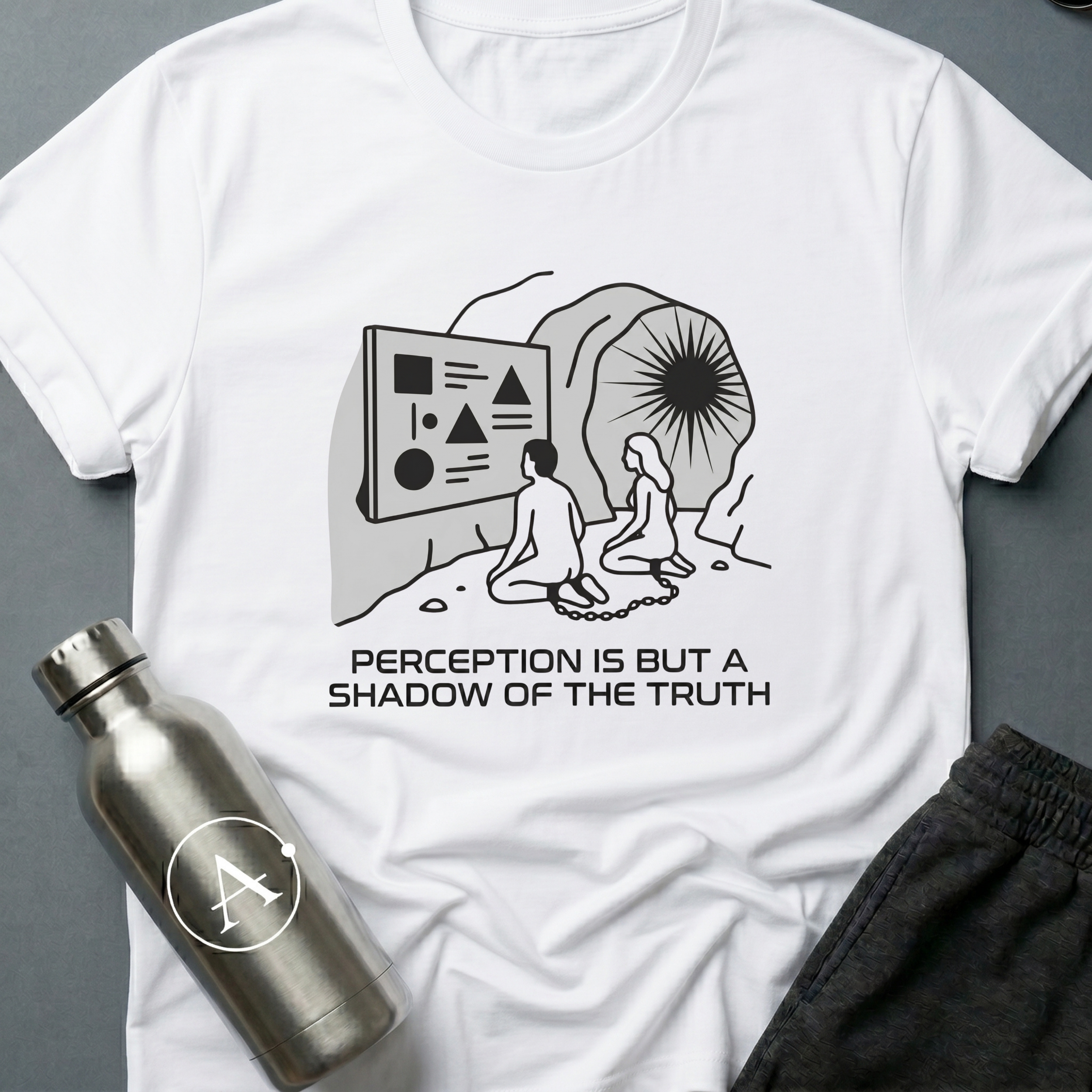 Shadow Watchers sci-fi t-shirt — two chained figures in a cave watching shapes on a wall while a bright sun shines outside — White unisex tee — Apsion Outpost