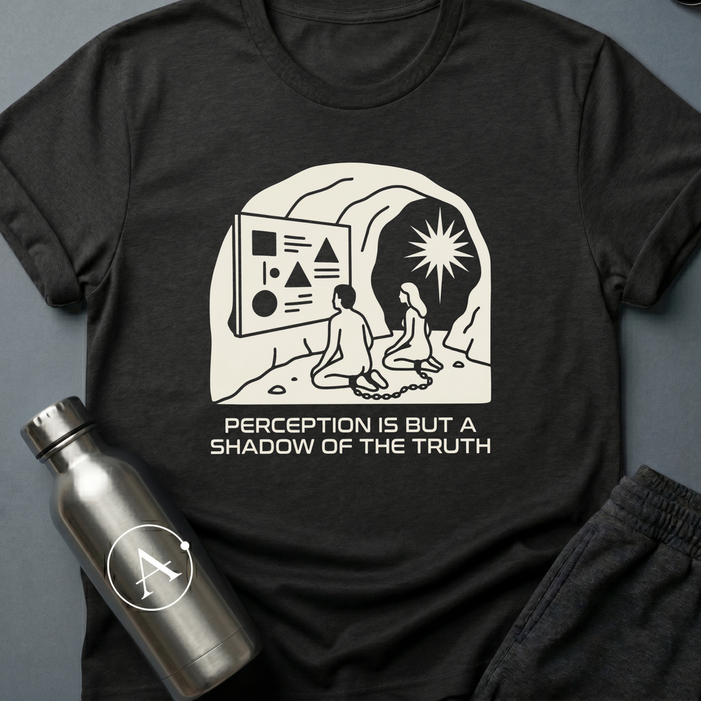 Shadow Watchers sci-fi t-shirt — two chained figures in a cave watching shapes on a wall while a bright sun shines outside — Black unisex tee — Apsion Outpost