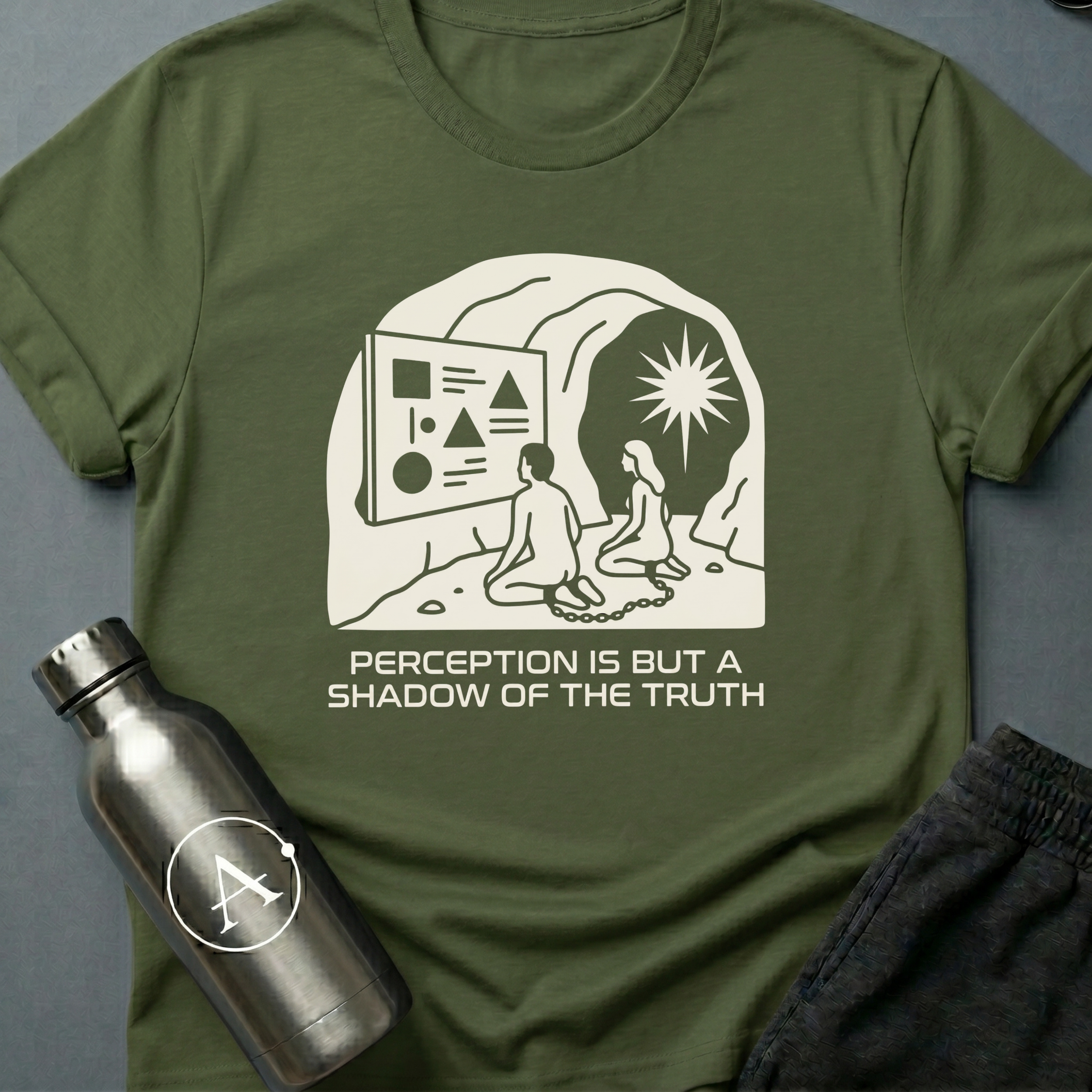 Shadow Watchers sci-fi t-shirt — two chained figures in a cave watching shapes on a wall while a bright sun shines outside — Military Green unisex tee — Apsion Outpost