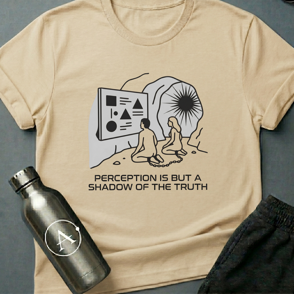 Shadow Watchers sci-fi t-shirt — two chained figures in a cave watching shapes on a wall while a bright sun shines outside — Natural unisex tee — Apsion Outpost