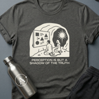 Shadow Watchers sci-fi t-shirt — two chained figures in a cave watching shapes on a wall while a bright sun shines outside — Dark Heather unisex tee — Apsion Outpost
