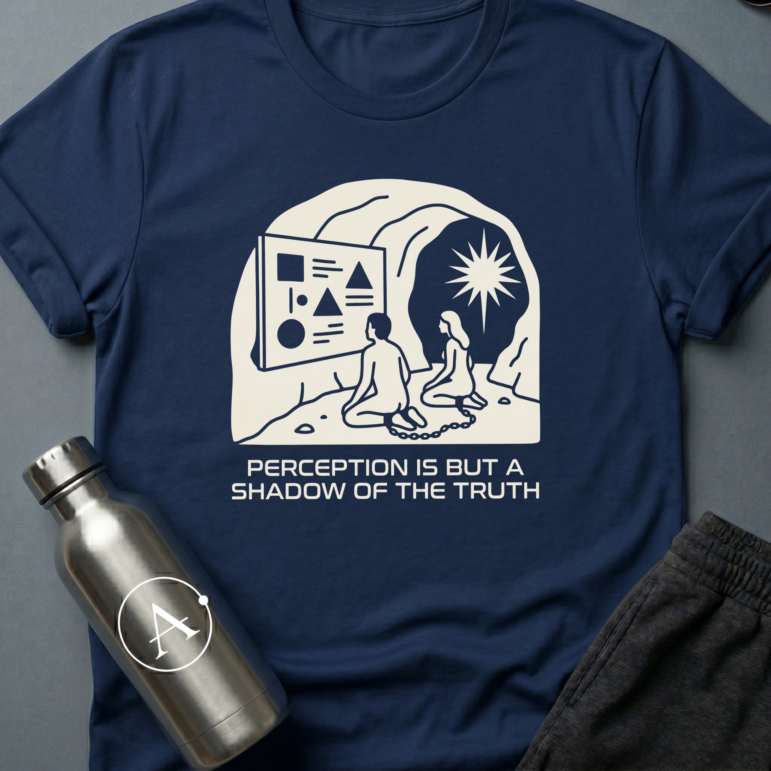 Shadow Watchers sci-fi t-shirt — two chained figures in a cave watching shapes on a wall while a bright sun shines outside — Navy unisex tee — Apsion Outpost