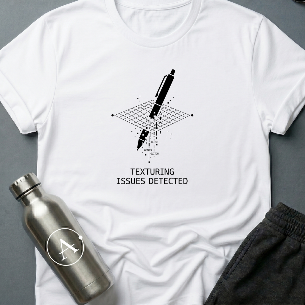 Through the Floor sci-fi t-shirt — a pen falling through a glitching grid where the collision mesh failed — White unisex tee — Apsion Outpost