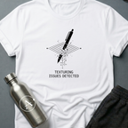Through the Floor sci-fi t-shirt — a pen falling through a glitching grid where the collision mesh failed — White unisex tee — Apsion Outpost