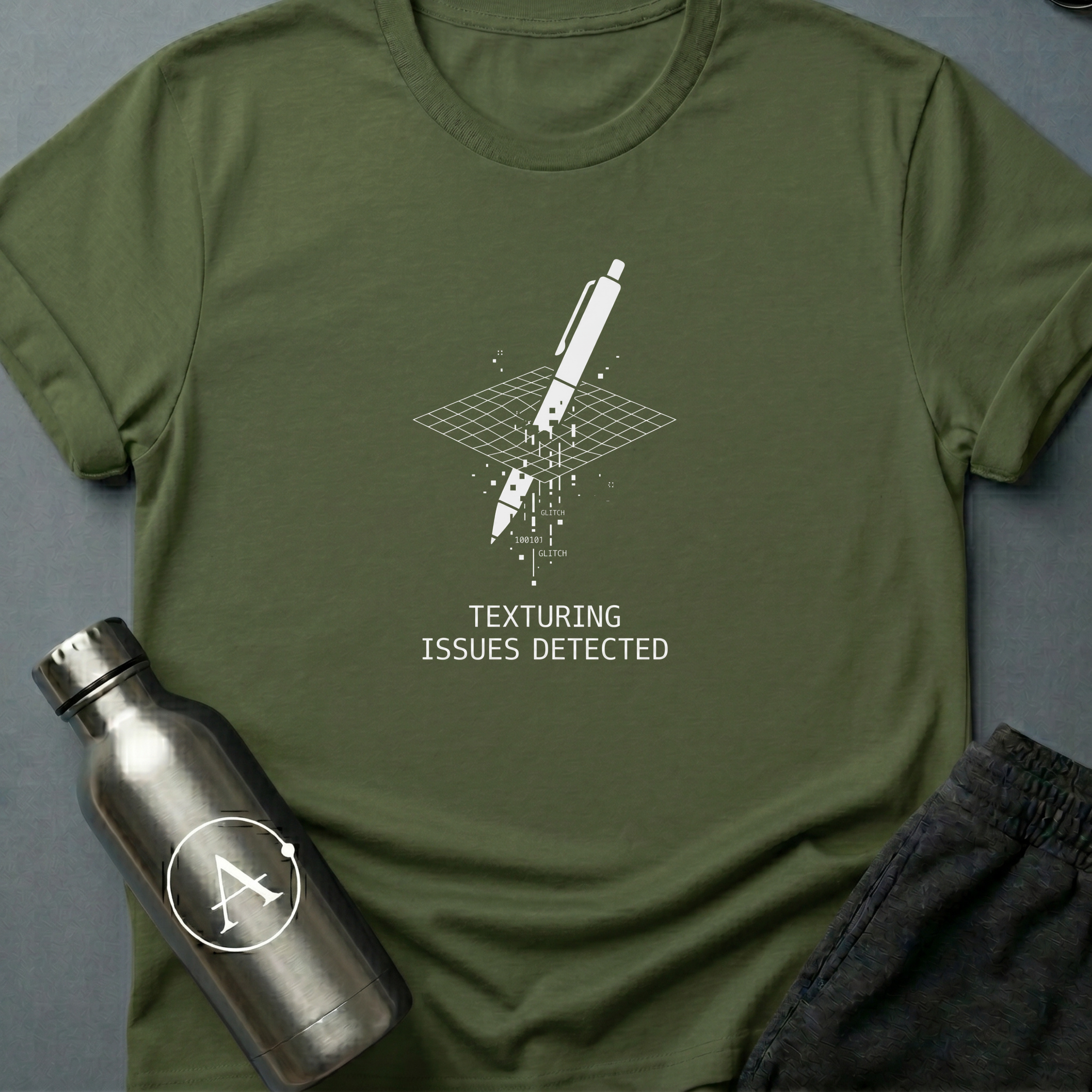 Through the Floor sci-fi t-shirt — a pen falling through a glitching grid where the collision mesh failed — Military Green unisex tee — Apsion Outpost