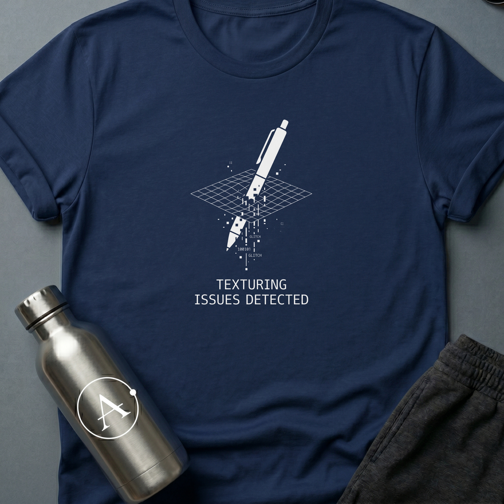 Through the Floor sci-fi t-shirt — a pen falling through a glitching grid where the collision mesh failed — Navy unisex tee — Apsion Outpost