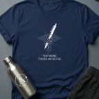 Through the Floor sci-fi t-shirt — a pen falling through a glitching grid where the collision mesh failed — Navy unisex tee — Apsion Outpost