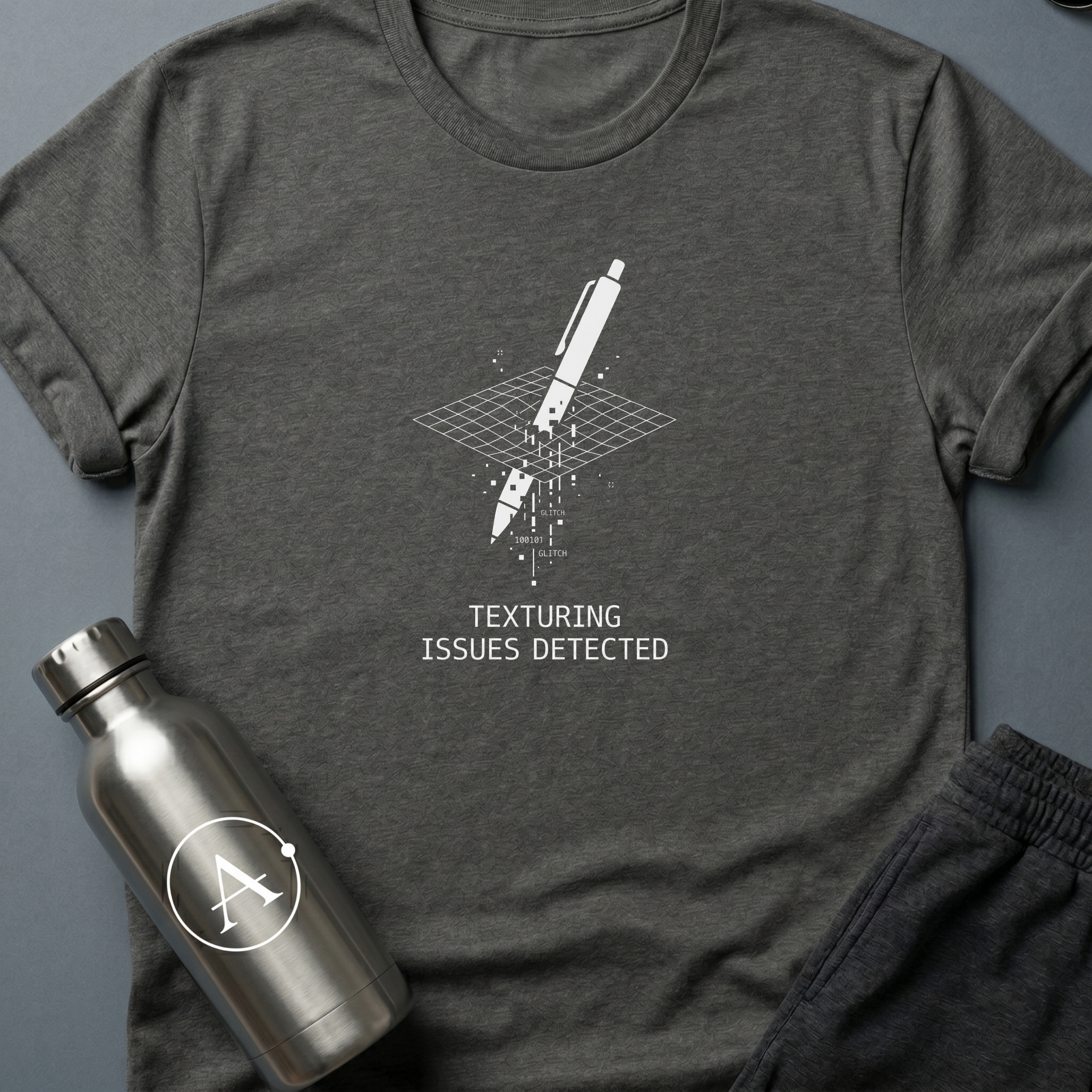 Through the Floor sci-fi t-shirt — a pen falling through a glitching grid where the collision mesh failed — Dark Heather unisex tee — Apsion Outpost