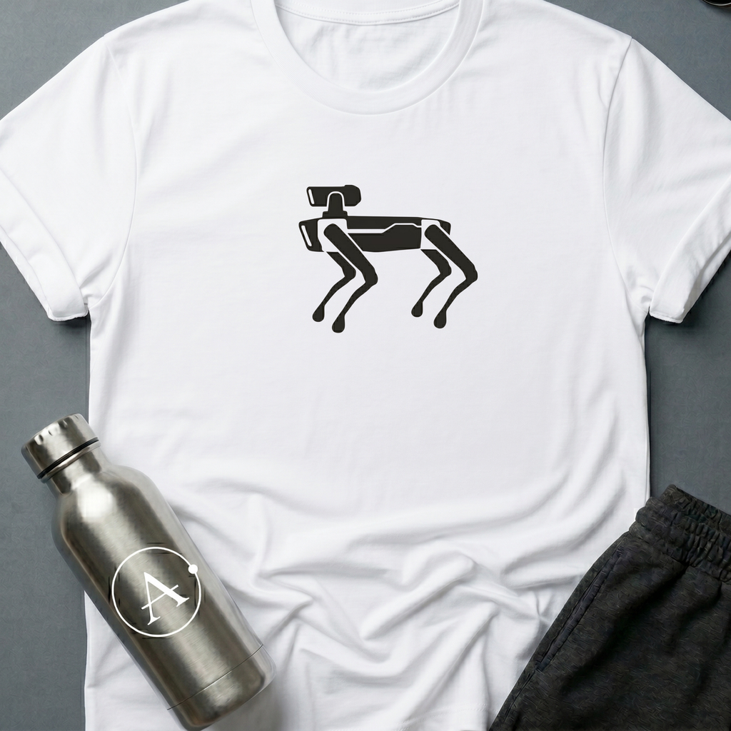 Wont Shed sci-fi t-shirt — a four-legged robot dog, all angles and patient stance — best behavior, zero molting — White unisex tee — Apsion Outpost