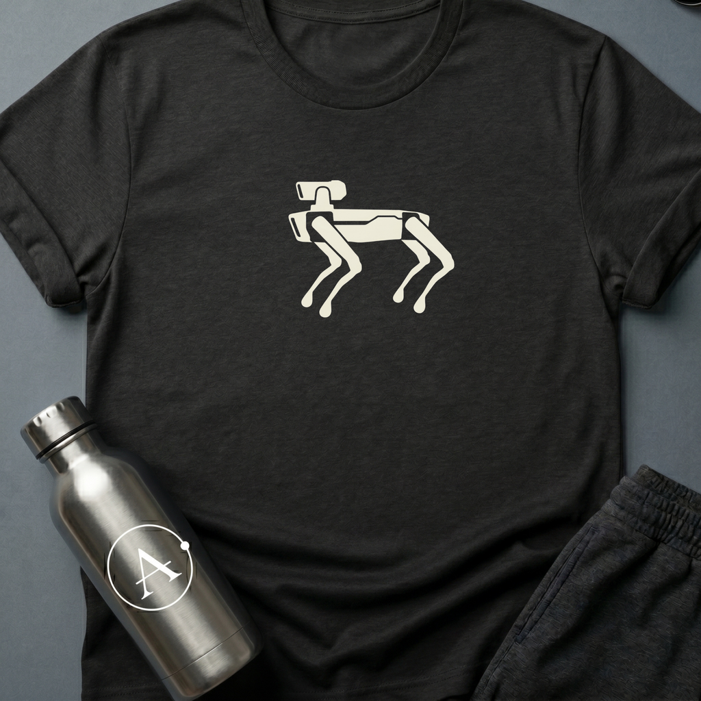 Wont Shed sci-fi t-shirt — a four-legged robot dog, all angles and patient stance — best behavior, zero molting — Black unisex tee — Apsion Outpost