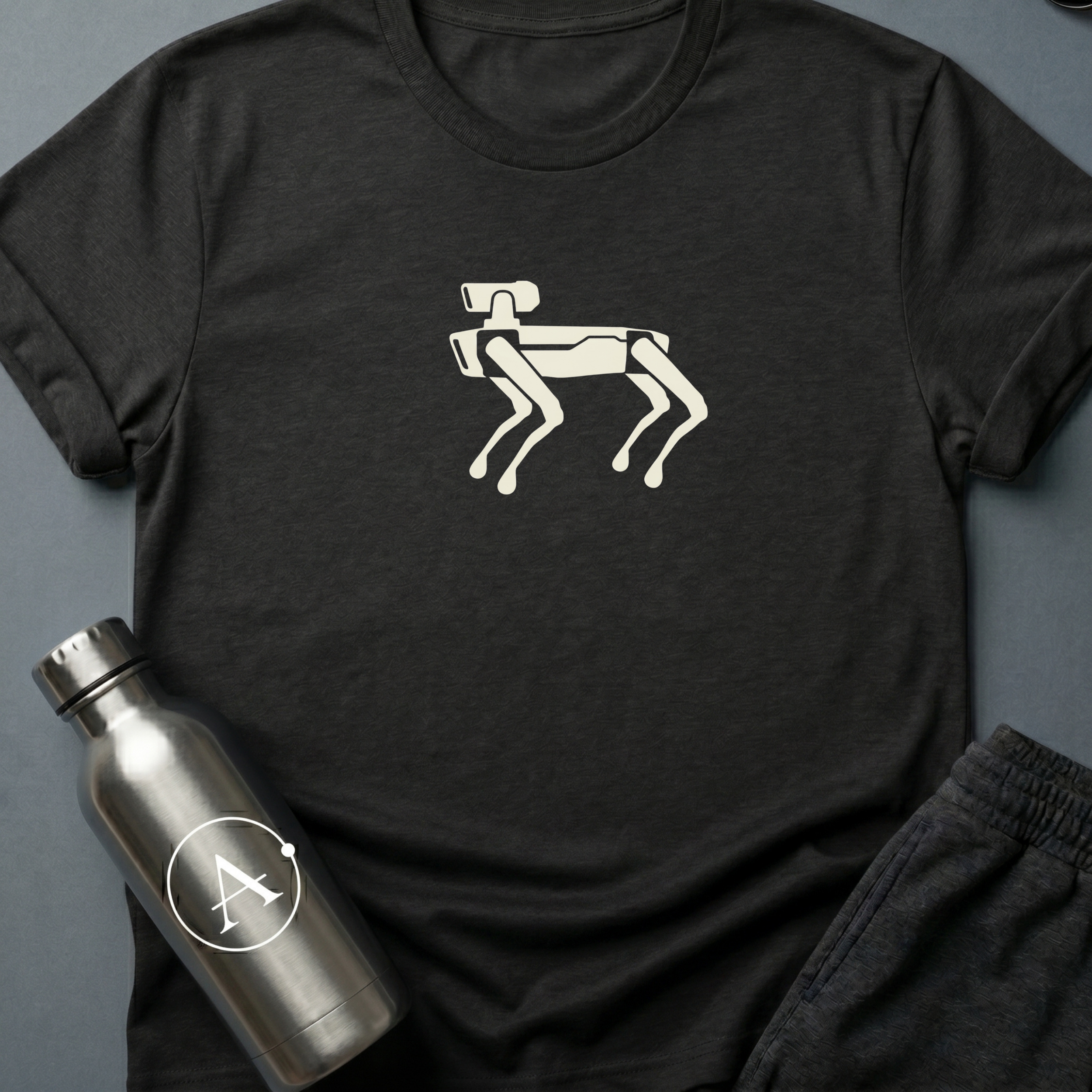 Wont Shed sci-fi t-shirt — a four-legged robot dog, all angles and patient stance — best behavior, zero molting — Black unisex tee — Apsion Outpost