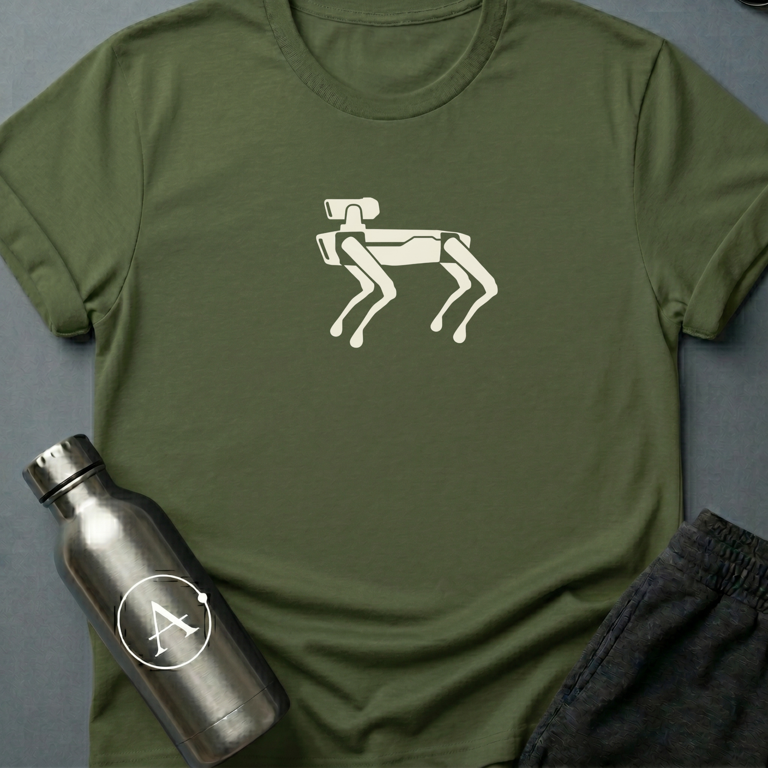 Wont Shed sci-fi t-shirt — a four-legged robot dog, all angles and patient stance — best behavior, zero molting — Military Green unisex tee — Apsion Outpost