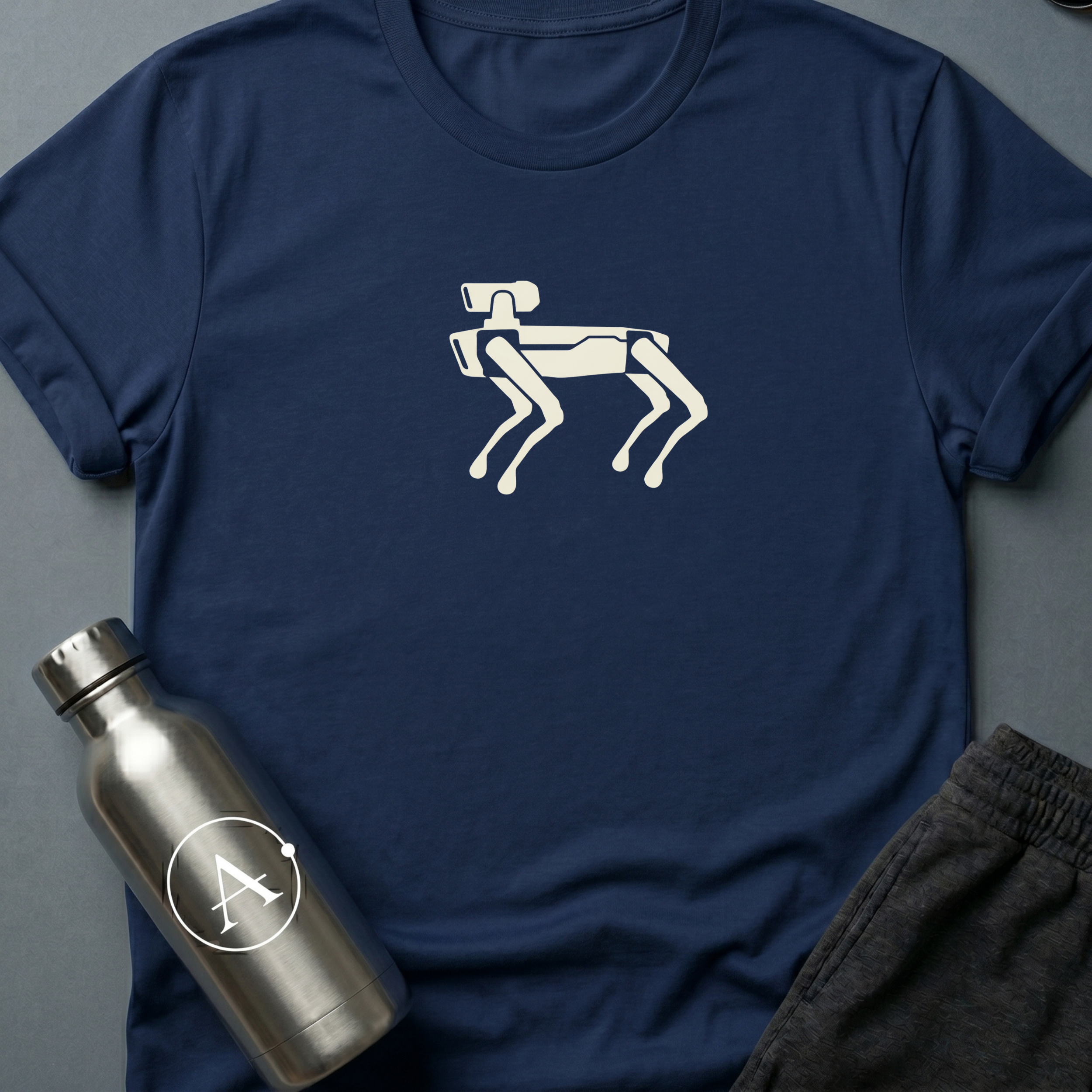 Wont Shed sci-fi t-shirt — a four-legged robot dog, all angles and patient stance — best behavior, zero molting — Navy unisex tee — Apsion Outpost