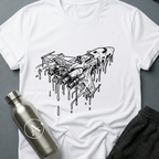 Closer to the Sun sci-fi t-shirt — a spaceship racing into a black hole, retro halftone screenprint style — White unisex tee — Apsion Outpost