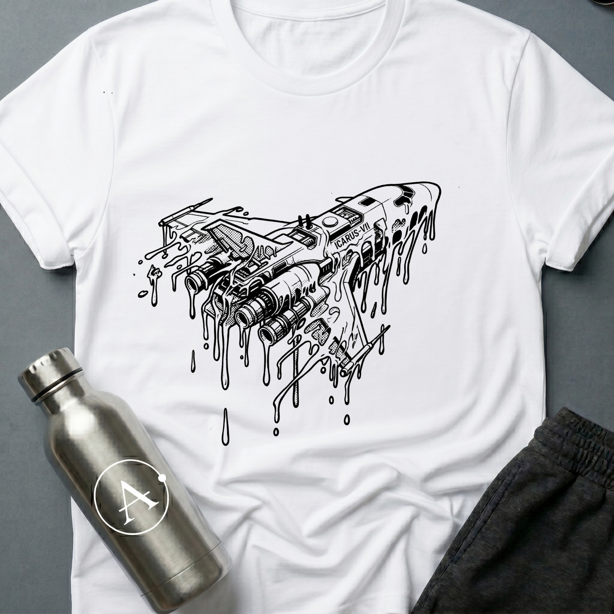 Closer to the Sun sci-fi t-shirt — a spaceship racing into a black hole, retro halftone screenprint style — White unisex tee — Apsion Outpost