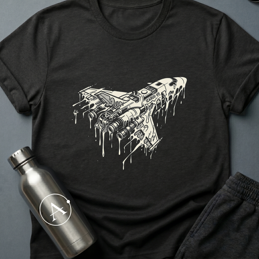 Closer to the Sun sci-fi t-shirt — a spaceship racing into a black hole, retro halftone screenprint style — Black unisex tee — Apsion Outpost