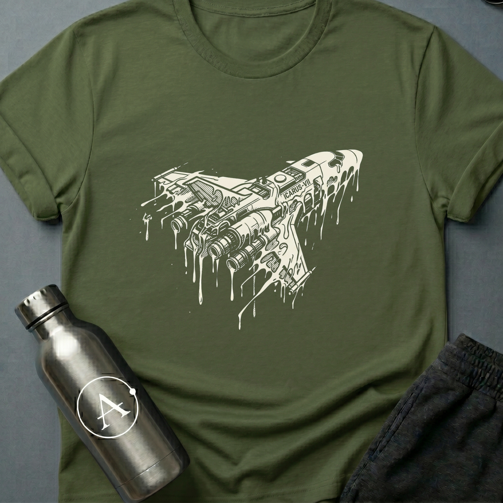 Closer to the Sun sci-fi t-shirt — a spaceship racing into a black hole, retro halftone screenprint style — Military Green unisex tee — Apsion Outpost