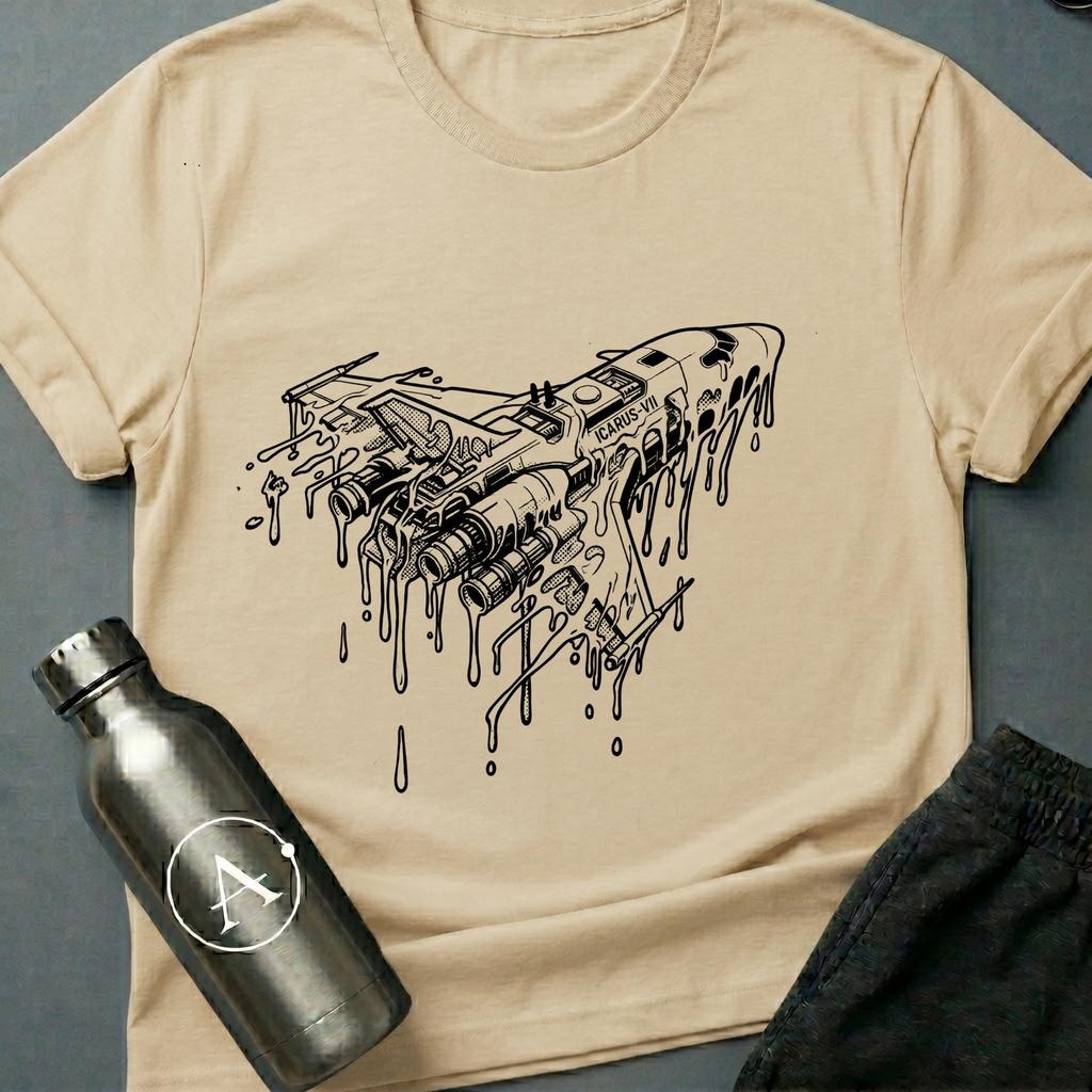 Closer to the Sun sci-fi t-shirt — a spaceship racing into a black hole, retro halftone screenprint style — Natural unisex tee — Apsion Outpost