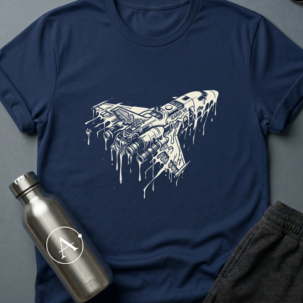 Closer to the Sun sci-fi t-shirt — a spaceship racing into a black hole, retro halftone screenprint style — Navy unisex tee — Apsion Outpost