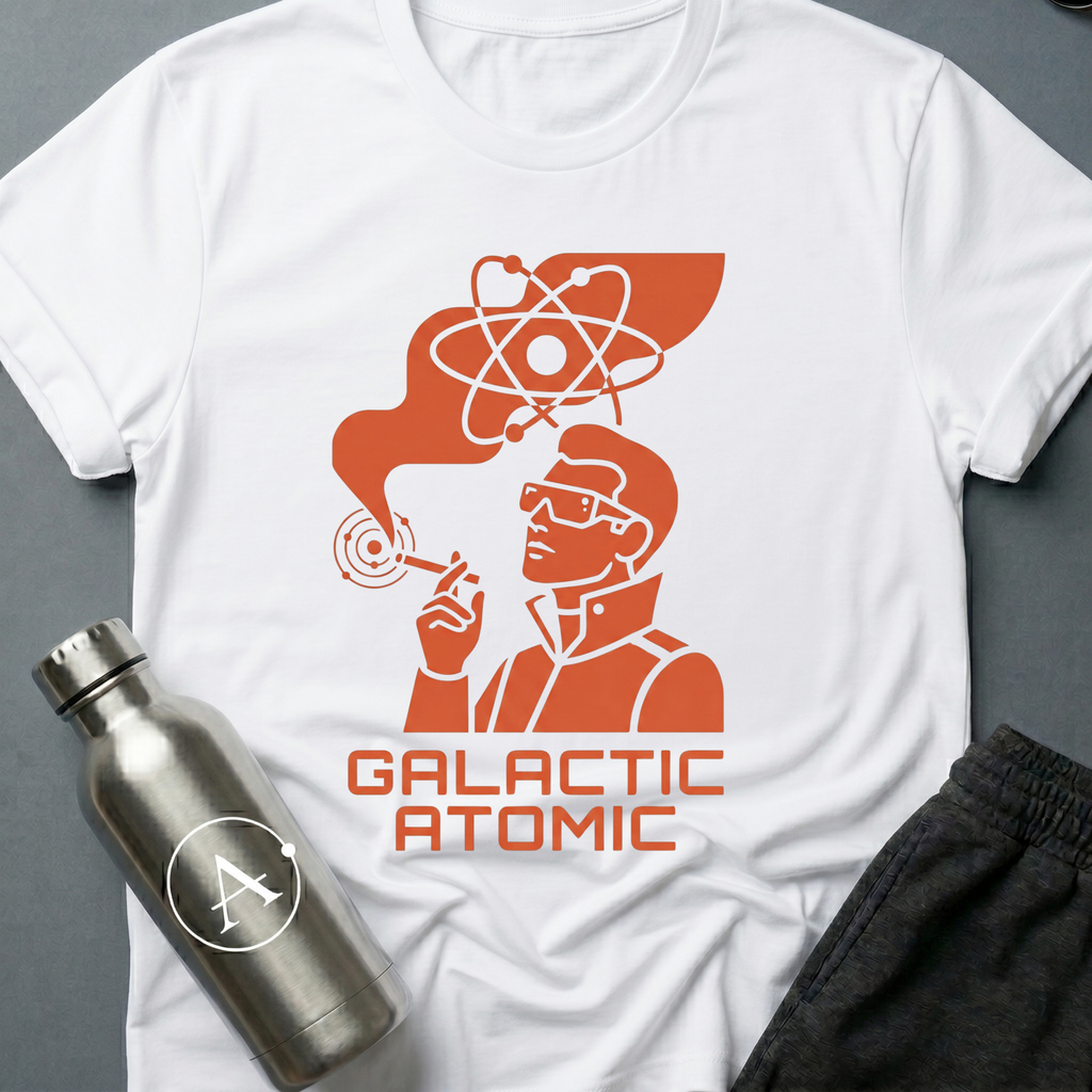Apsion Outpost graphic t-shirt 'Trusted Since the Empire' in White — atomic-age mascot in dressing gown with sunglasses, smoking under an atom symbol. On-shirt text reads GALACTIC ATOMIC.