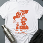 Apsion Outpost graphic t-shirt 'Trusted Since the Empire' in White — atomic-age mascot in dressing gown with sunglasses, smoking under an atom symbol. On-shirt text reads GALACTIC ATOMIC.