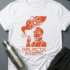 Apsion Outpost graphic t-shirt 'Trusted Since the Empire' in White — atomic-age mascot in dressing gown with sunglasses, smoking under an atom symbol. On-shirt text reads GALACTIC ATOMIC.