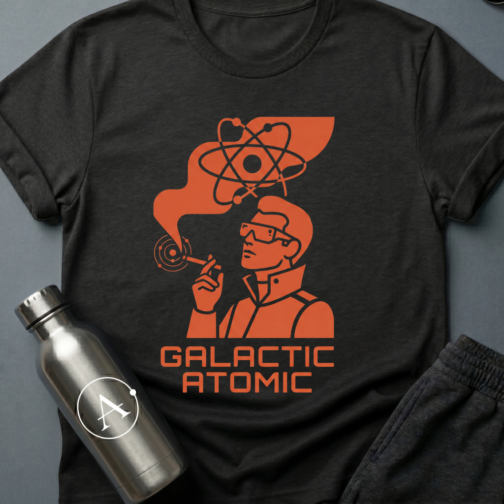 Apsion Outpost graphic t-shirt 'Trusted Since the Empire' in Black — atomic-age mascot in dressing gown with sunglasses, smoking under an atom symbol. On-shirt text reads GALACTIC ATOMIC.