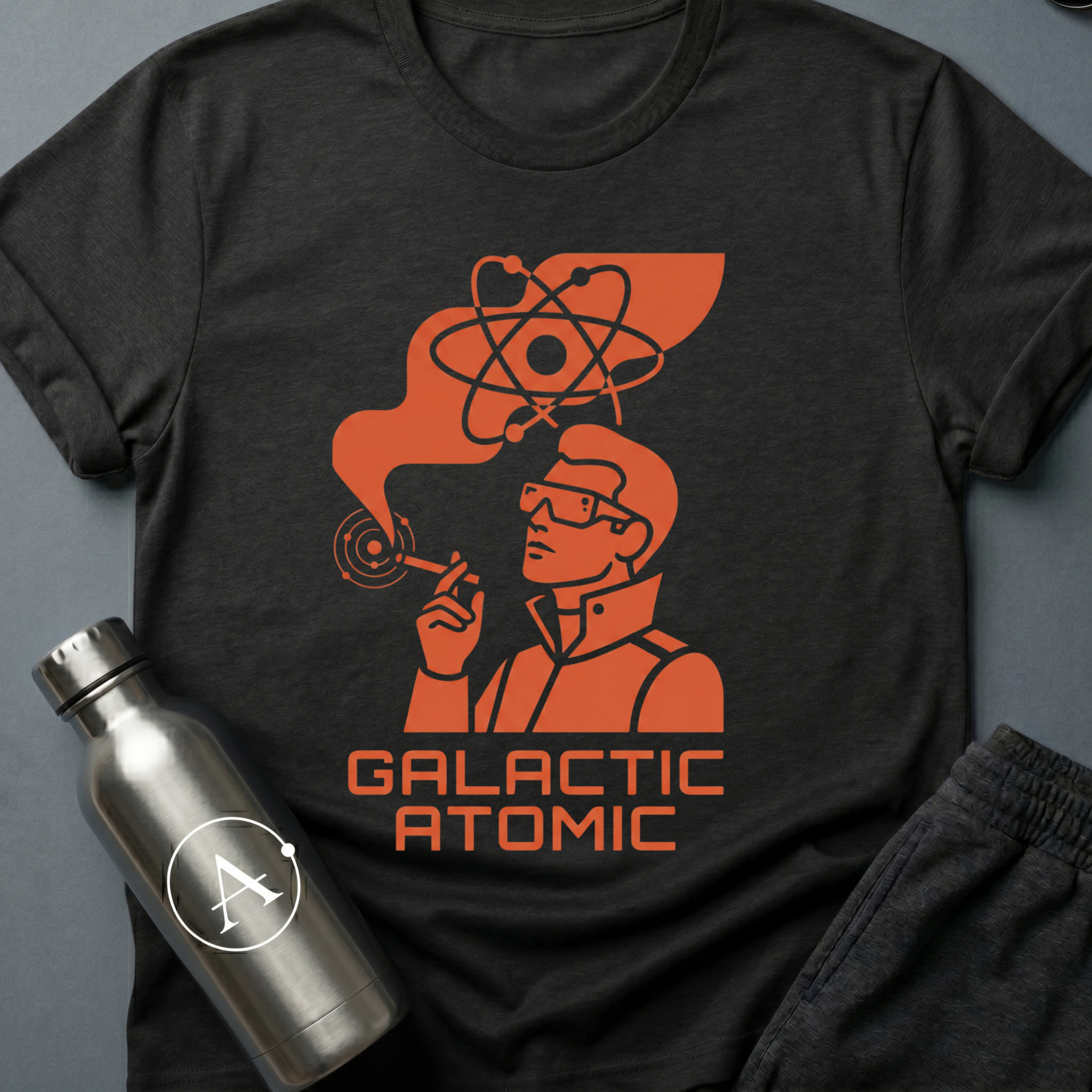 Apsion Outpost graphic t-shirt 'Trusted Since the Empire' in Black — atomic-age mascot in dressing gown with sunglasses, smoking under an atom symbol. On-shirt text reads GALACTIC ATOMIC.