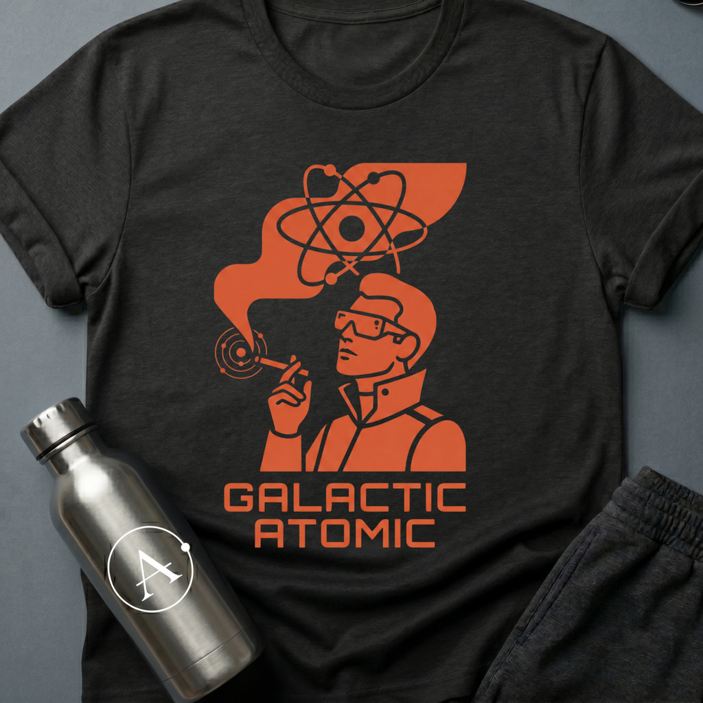 Apsion Outpost graphic t-shirt 'Trusted Since the Empire' in Black — atomic-age mascot in dressing gown with sunglasses, smoking under an atom symbol. On-shirt text reads GALACTIC ATOMIC.